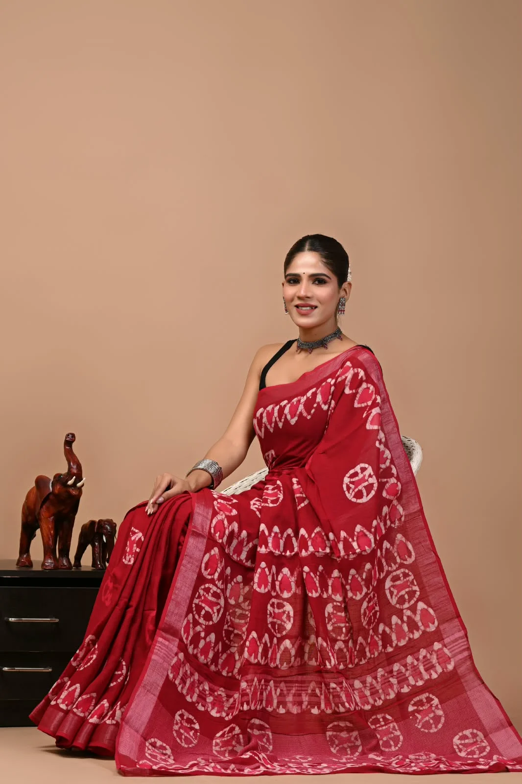 Deep Red  Bagru Hand Block Printend Soft Linen Fabric Saree
